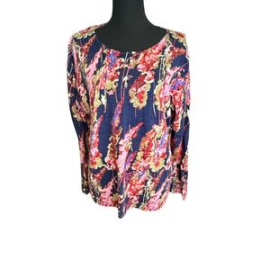 Talbots Floral Print Crew Neck Long Sleeve Merino Wool Sweater - XL